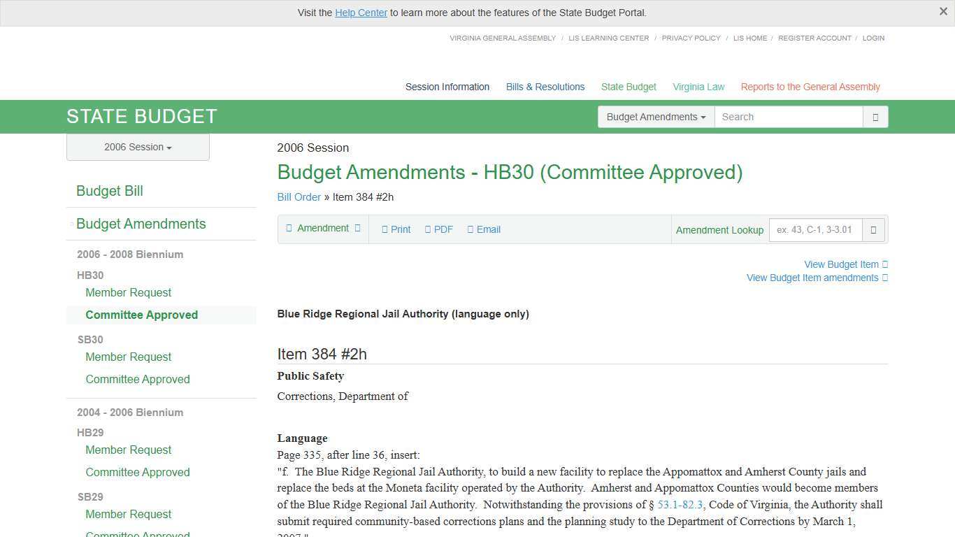 384#2h (DOC/CA) Blue Ridge Regional Jail Authority. HB30 - Committee Approved